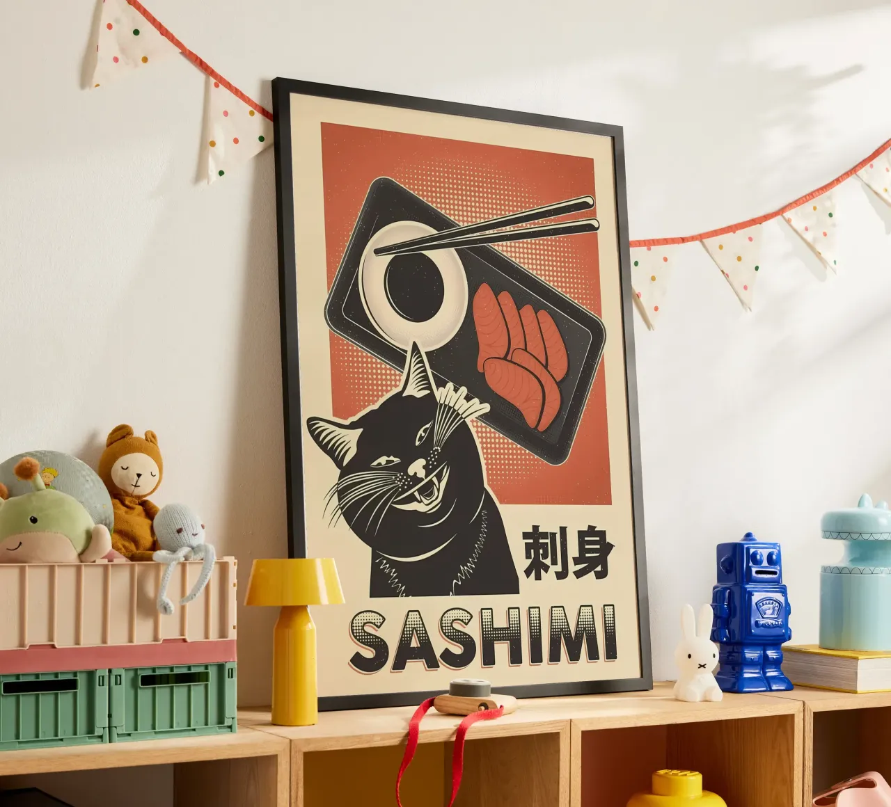 Sashimi Black Cat poster con telaio in legno da Monique A Hooper