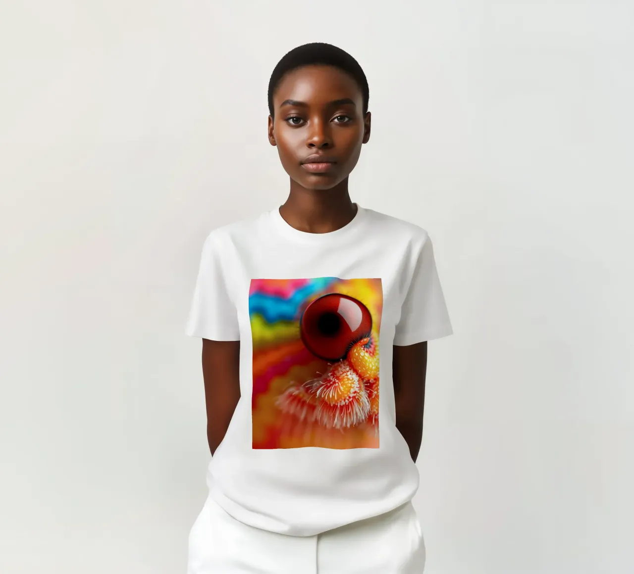 close-up of an abstract creature featuring colorful patterns t-shirt by DesignDoodle