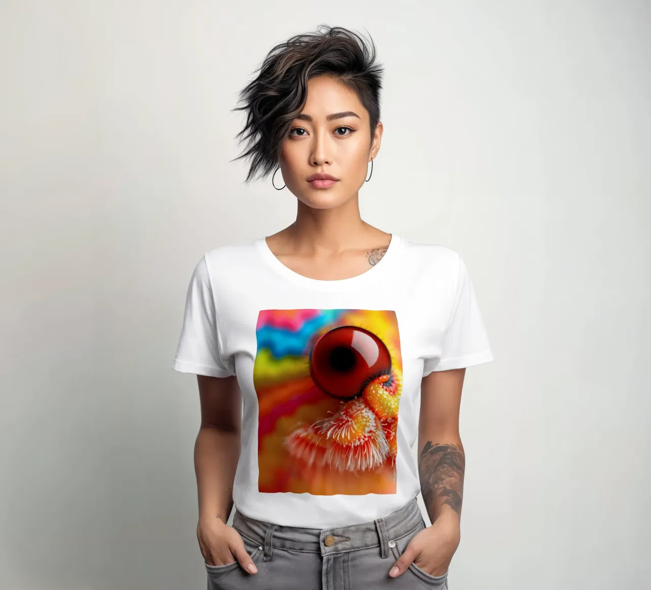 close-up of an abstract creature featuring colorful patterns women's fitted t-shirt by DesignDoodle