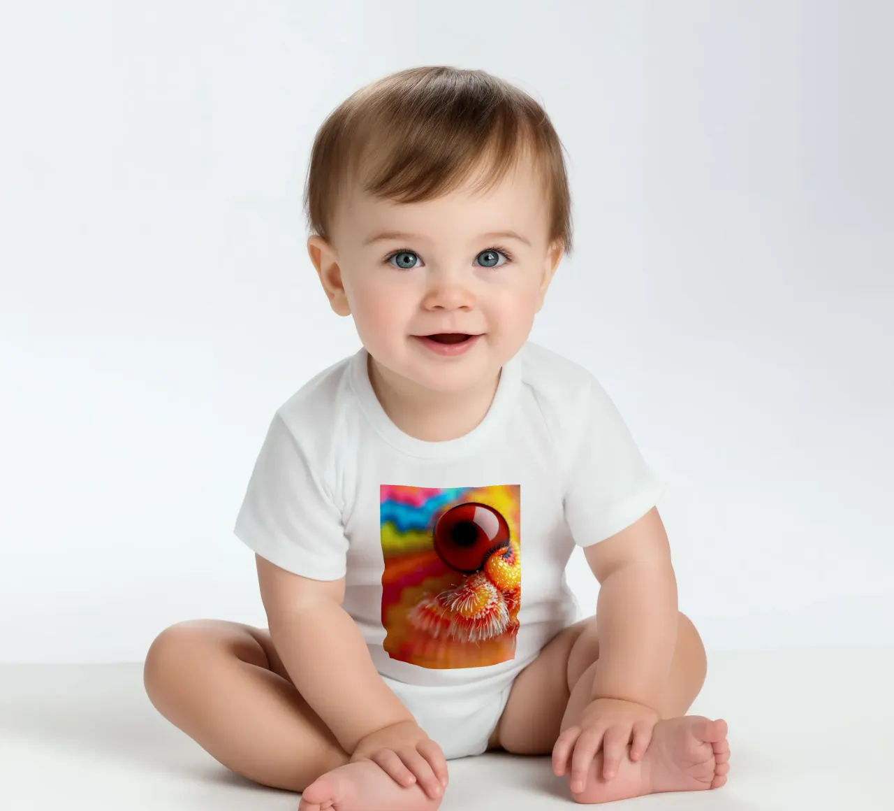 close-up of an abstract creature featuring colorful patterns short-sleeve baby romper by DesignDoodle
