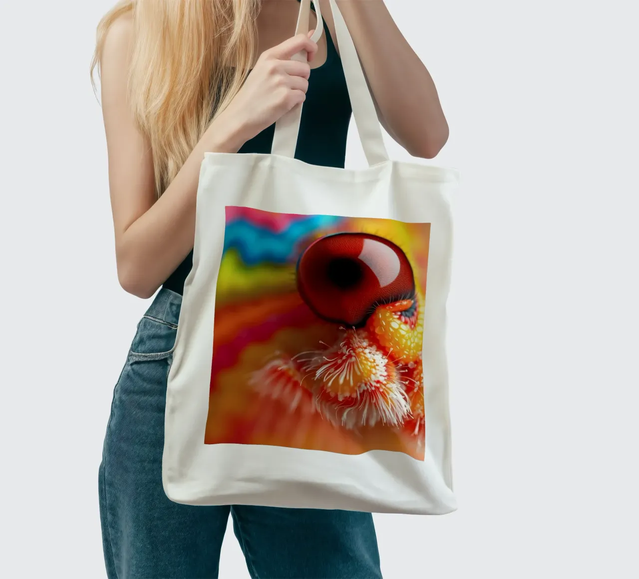 close-up of an abstract creature featuring colorful patterns tote bag by DesignDoodle