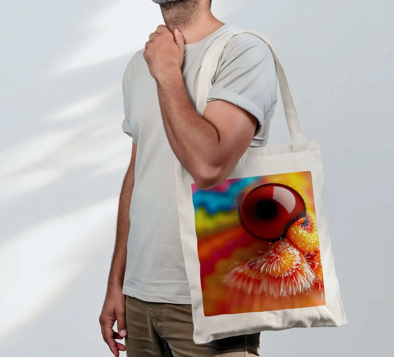 close-up of an abstract creature featuring colorful patterns tote bag by DesignDoodle