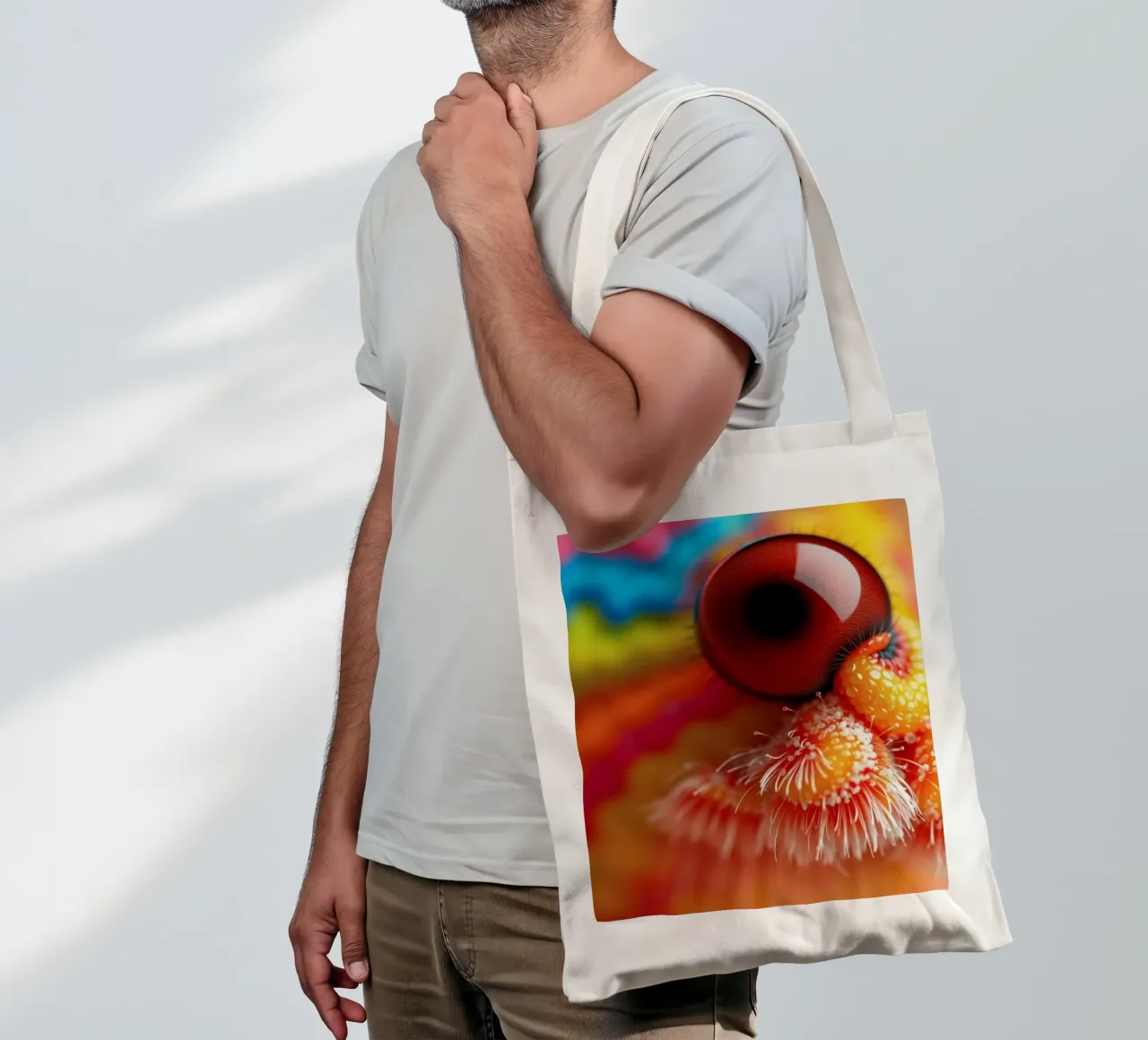 close-up of an abstract creature featuring colorful patterns tote bag by DesignDoodle