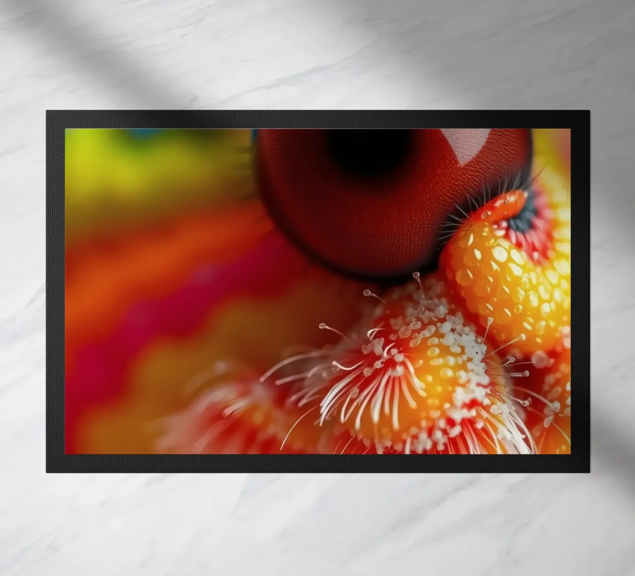 close-up of an abstract creature featuring colorful patterns doormat by DesignDoodle