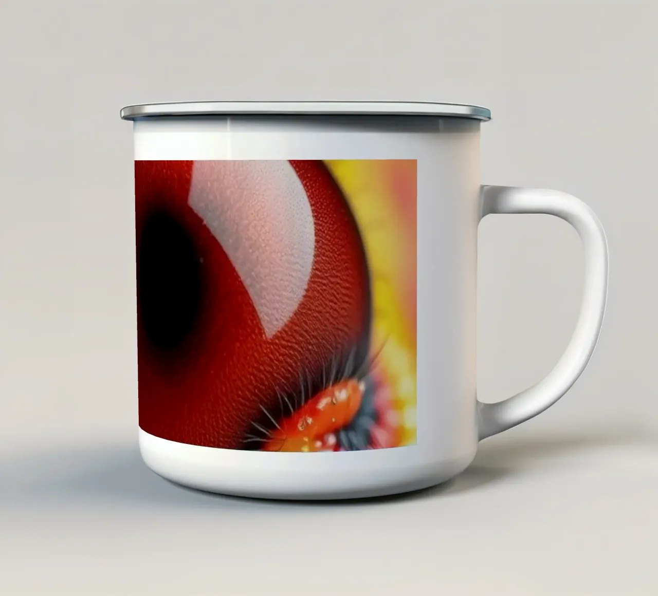 close-up of an abstract creature featuring colorful patterns enamel mug by DesignDoodle