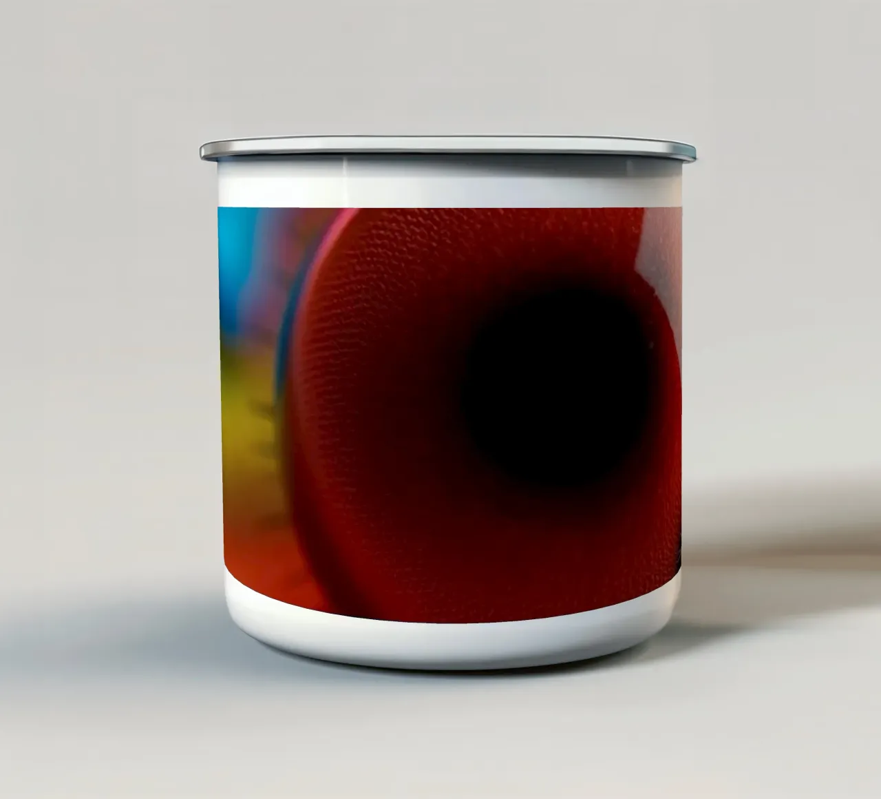 close-up of an abstract creature featuring colorful patterns enamel mug by DesignDoodle