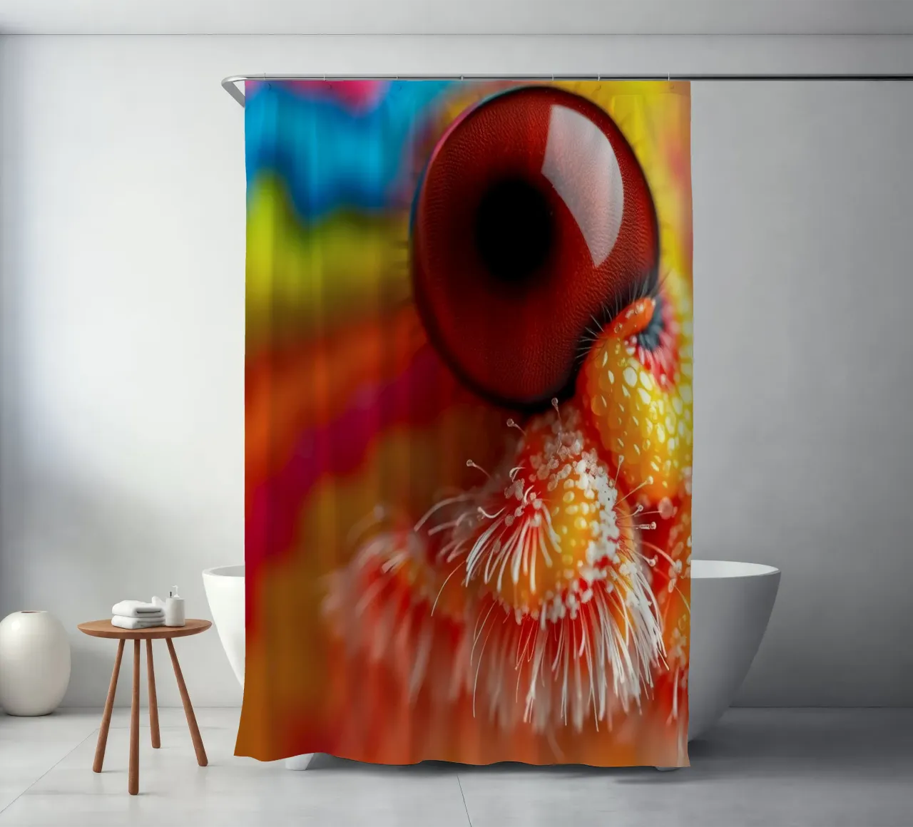 close-up of an abstract creature featuring colorful patterns shower curtain by DesignDoodle