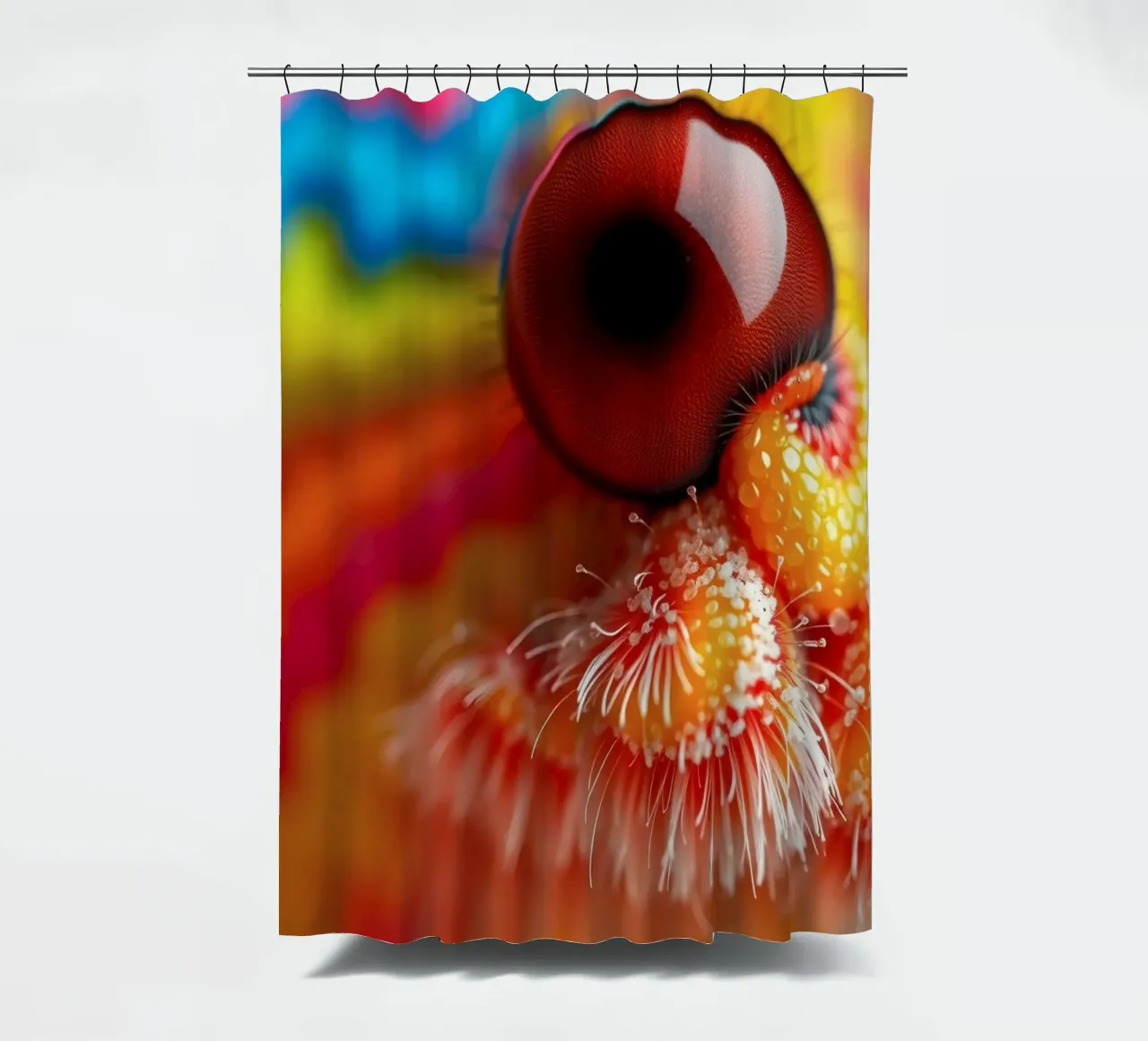 close-up of an abstract creature featuring colorful patterns shower curtain by DesignDoodle