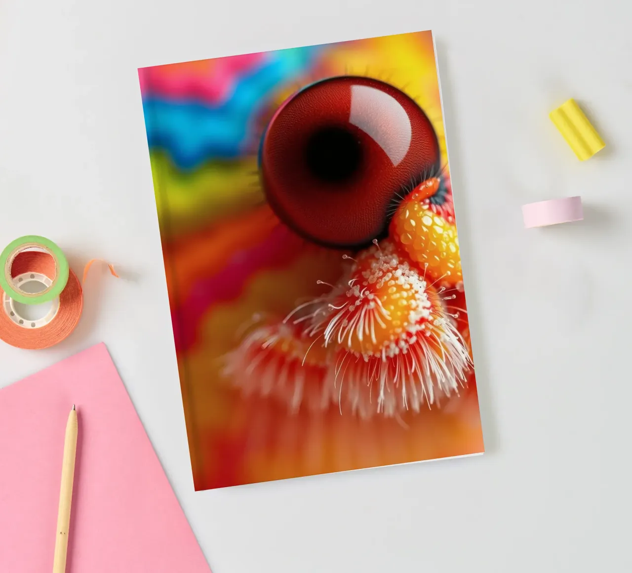 close-up of an abstract creature featuring colorful patterns notebook by DesignDoodle