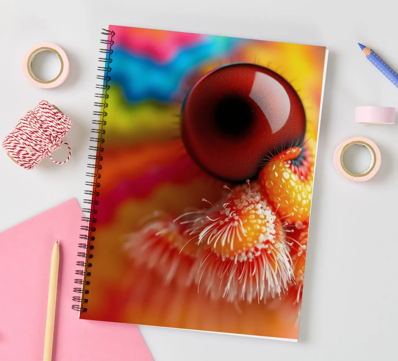close-up of an abstract creature featuring colorful patterns spiral notebook by DesignDoodle