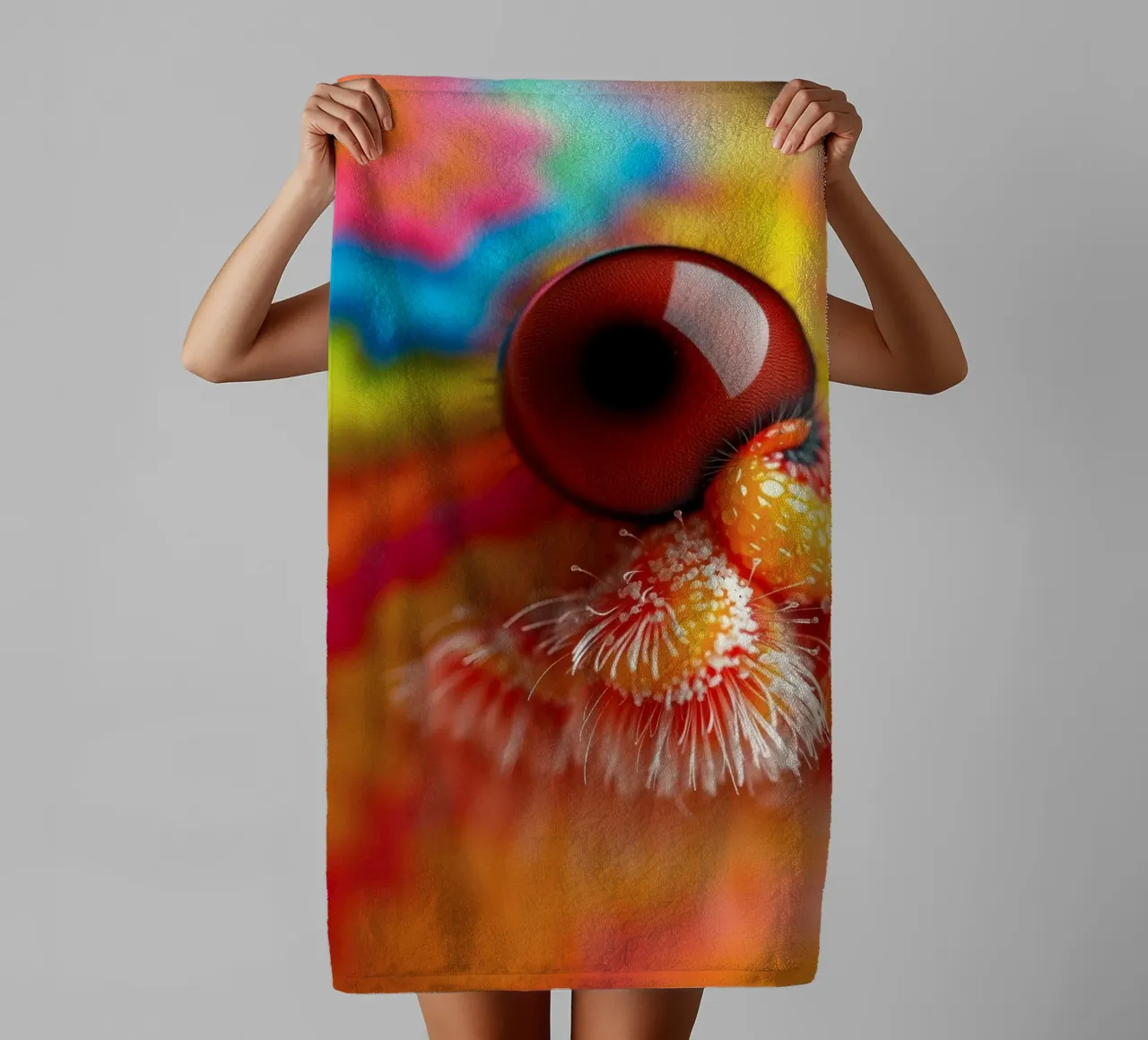 close-up of an abstract creature featuring colorful patterns towel by DesignDoodle