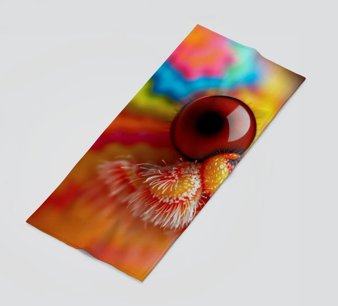 close-up of an abstract creature featuring colorful patterns beach towel by DesignDoodle