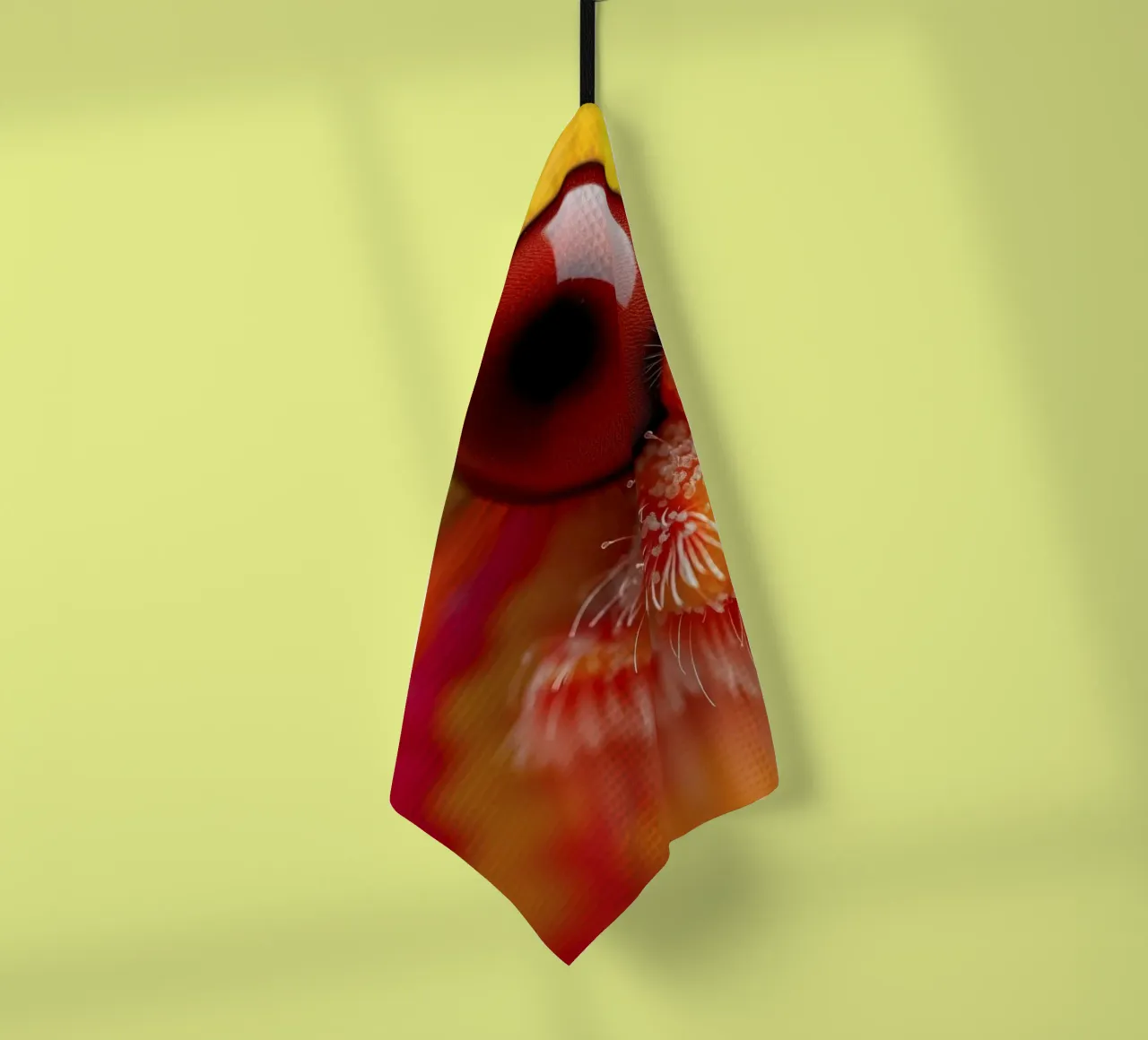 close-up of an abstract creature featuring colorful patterns tea towel by DesignDoodle