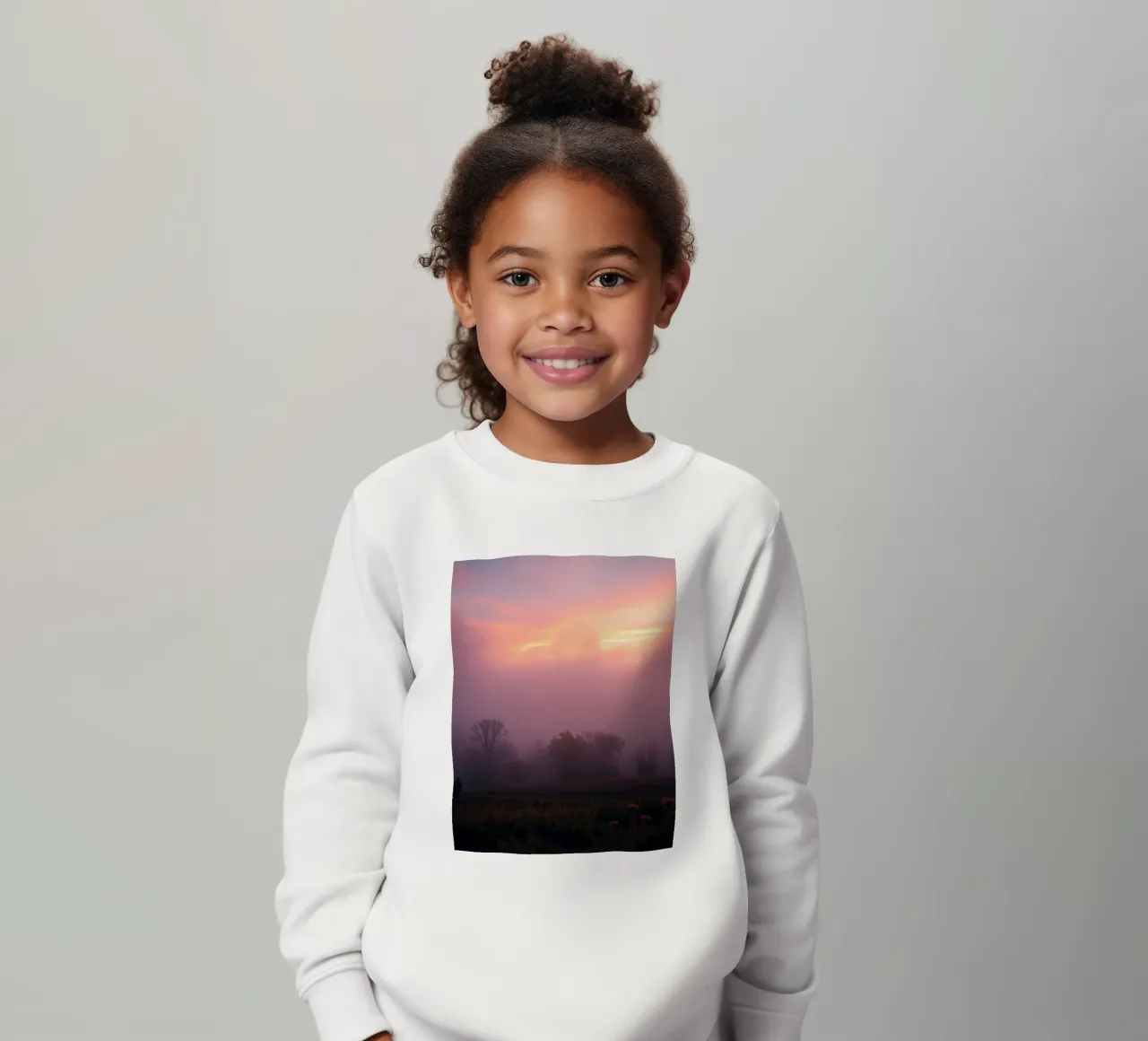 Stunning abstract wallpaper with misty landscape at dawn kids sweatshirt by DesignDoodle