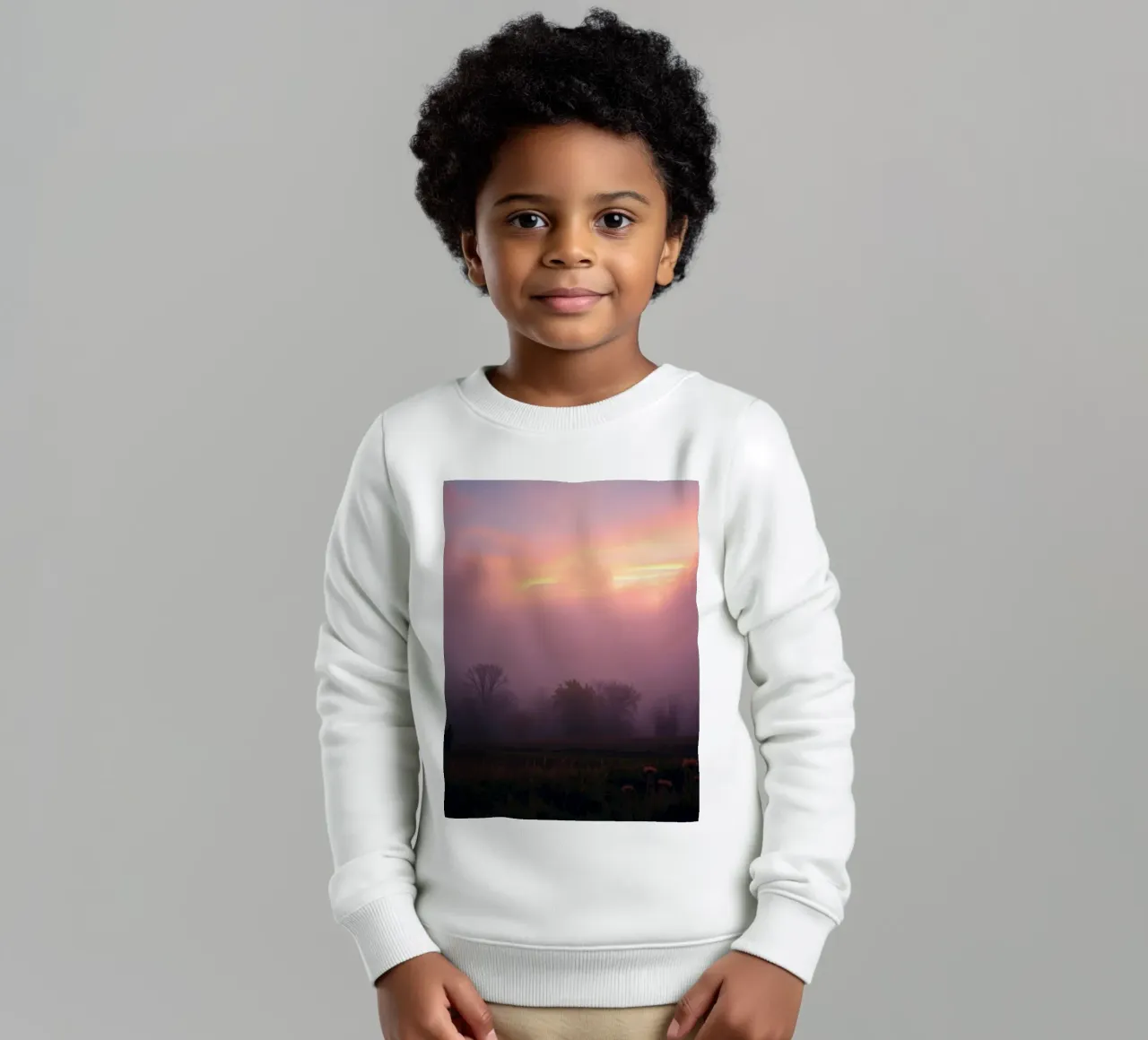 Stunning abstract wallpaper with misty landscape at dawn kids sweatshirt by DesignDoodle