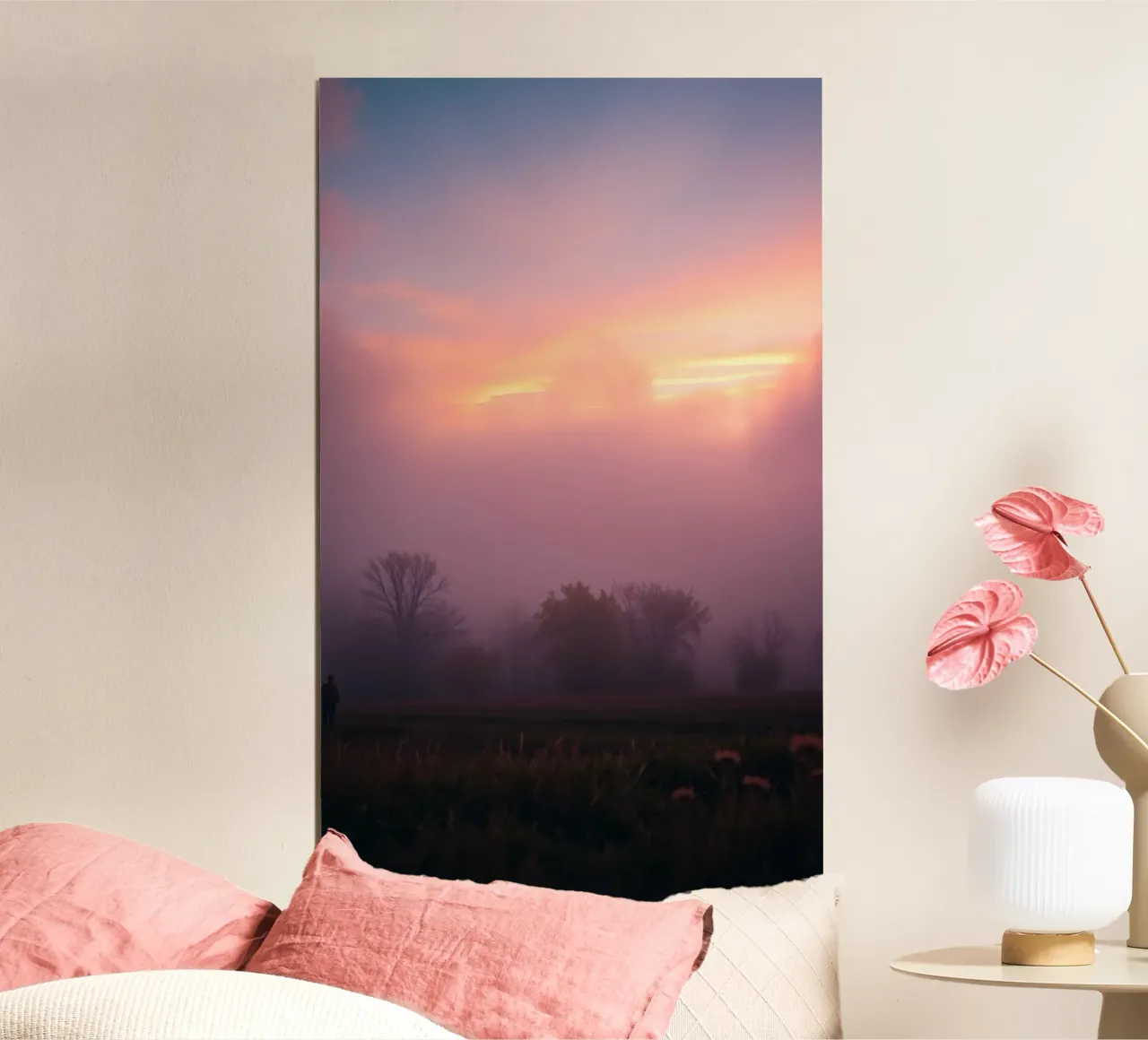 Prachtig abstract behang met mistig landschap bij zonsopgang hahnemühle van DesignDoodle