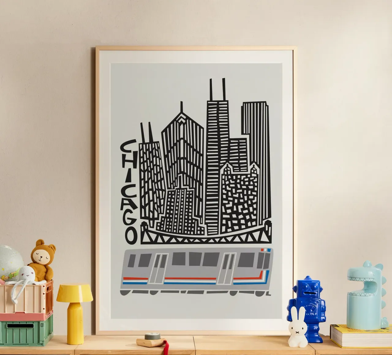 Città di Chicago poster con telaio in legno da Fox & Velvet