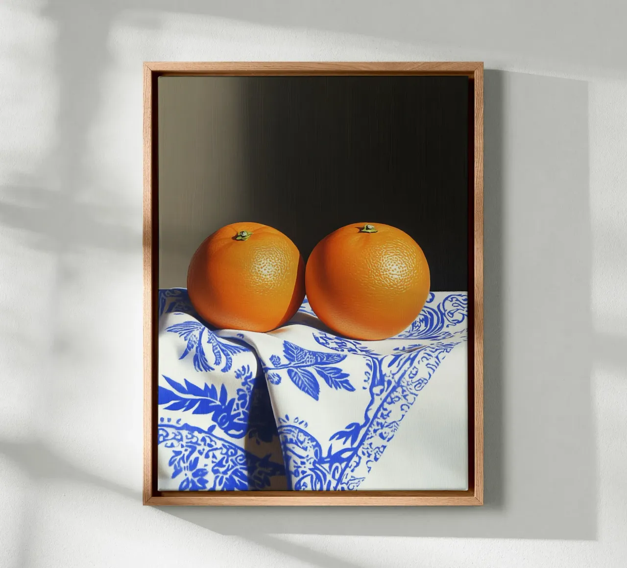 Oranges on an elegant tablecloth canvas with Floater frame by Spice & Style