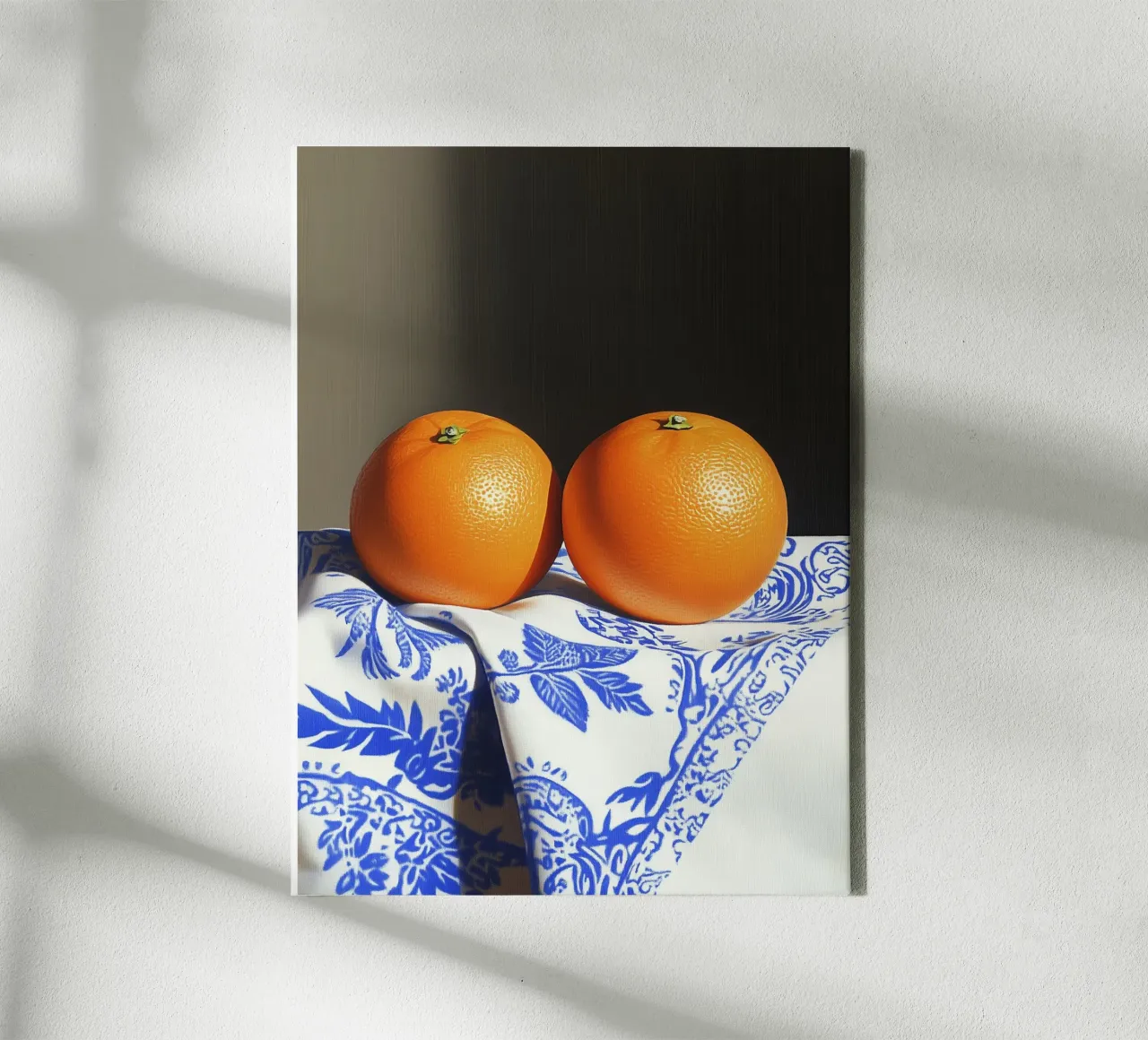 Oranges on an elegant tablecloth canvas with Floater frame by Spice & Style