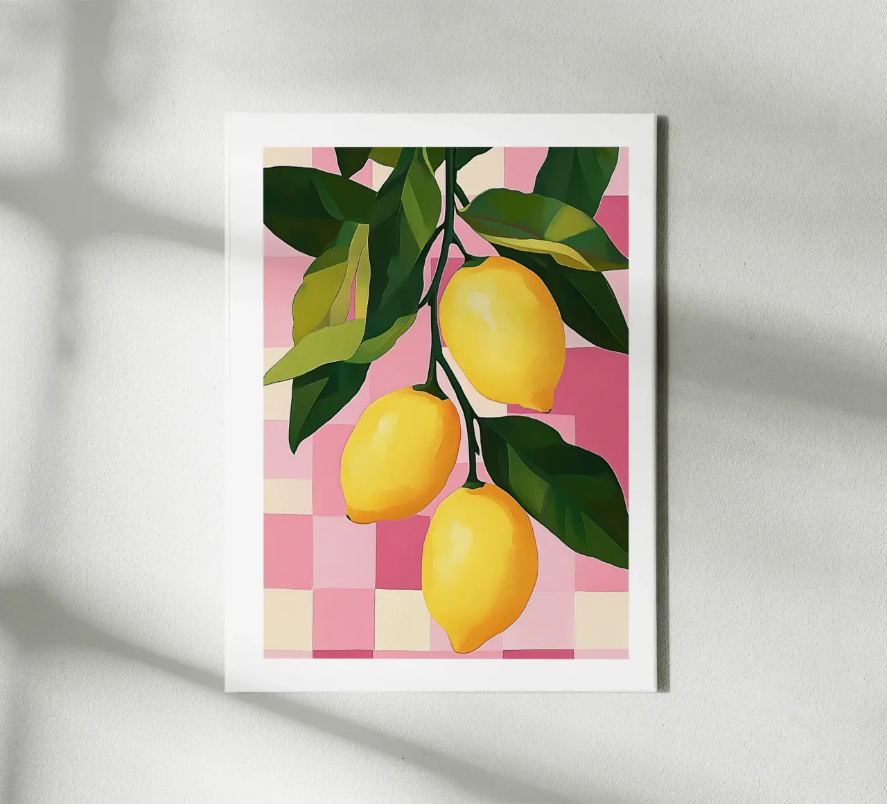 Lemons on a pink checkerboard background canvas with Floater frame by Spice & Style