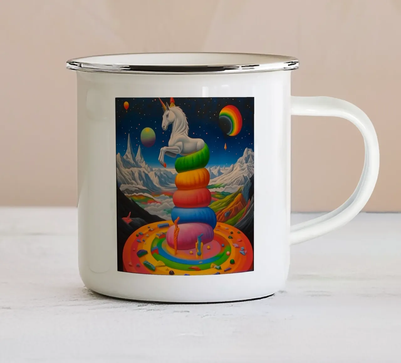 Unicorno in un mondo colorato tazza in smalto da Motivate-Today