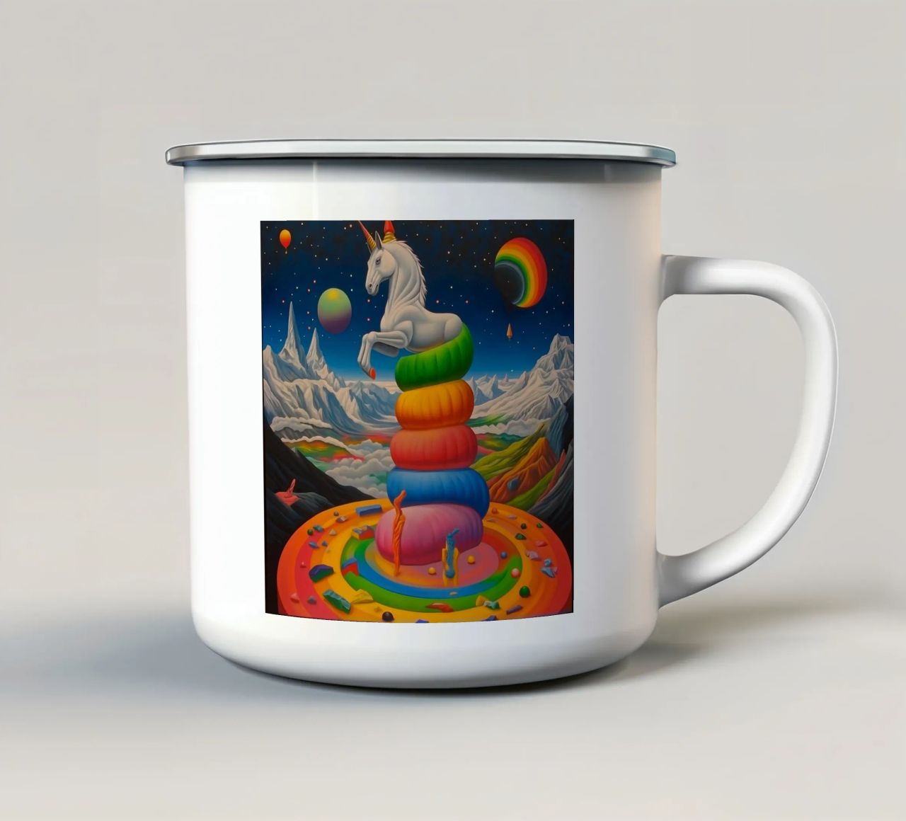 Unicorno in un mondo colorato tazza in smalto da Motivate-Today