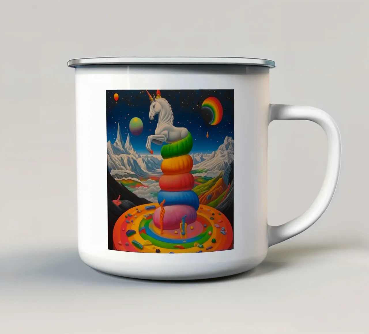 Unicorno in un mondo colorato tazza in smalto da Motivate-Today