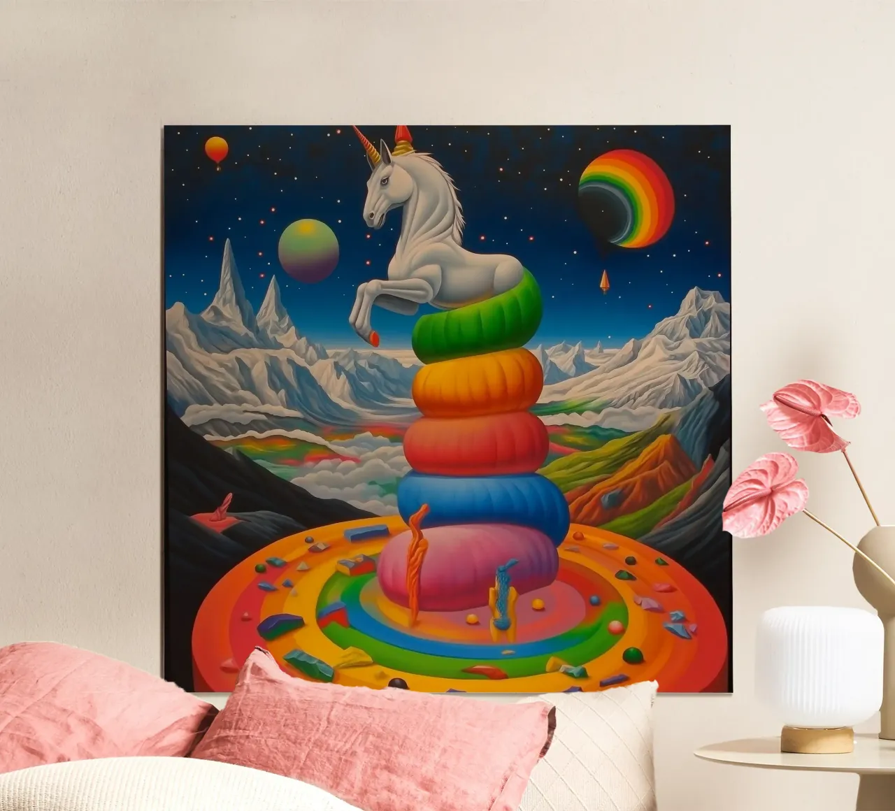 Unicorno in un mondo colorato poster con telaio in alluminio da Motivate-Today