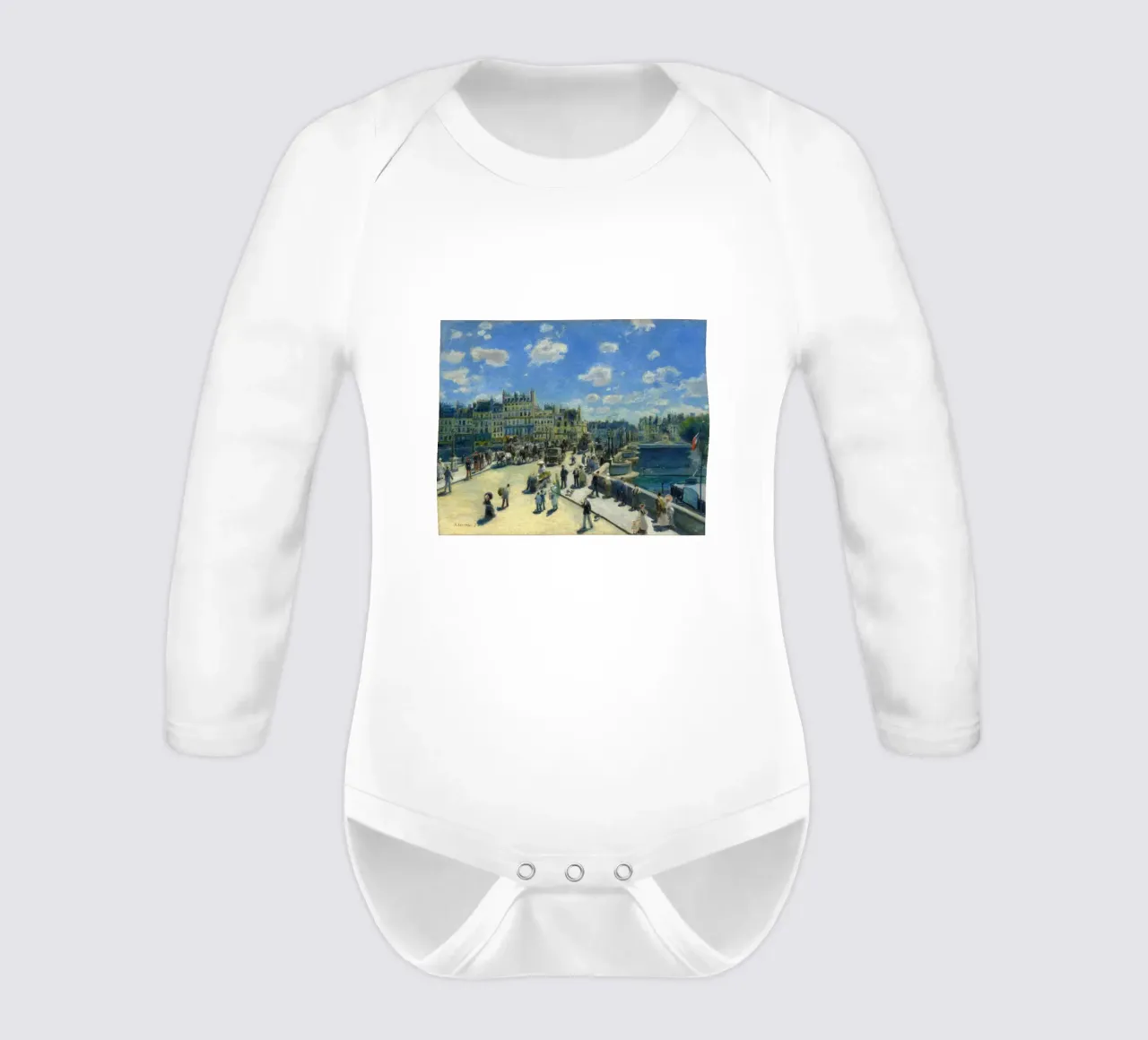 Pierre-Auguste Renoir - Pont Neuf, Paris, 1872 long-sleeve baby romper by Timeless Artworks