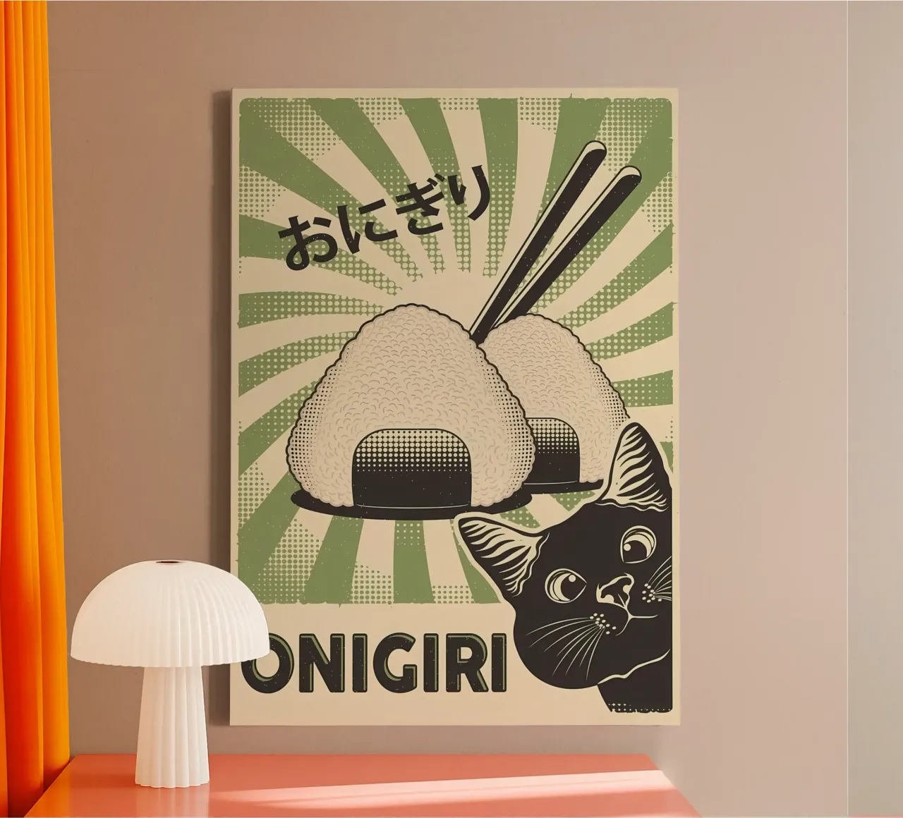 Gatto nero Onigiri tela con Cornice a cassetta da Monique A Hooper