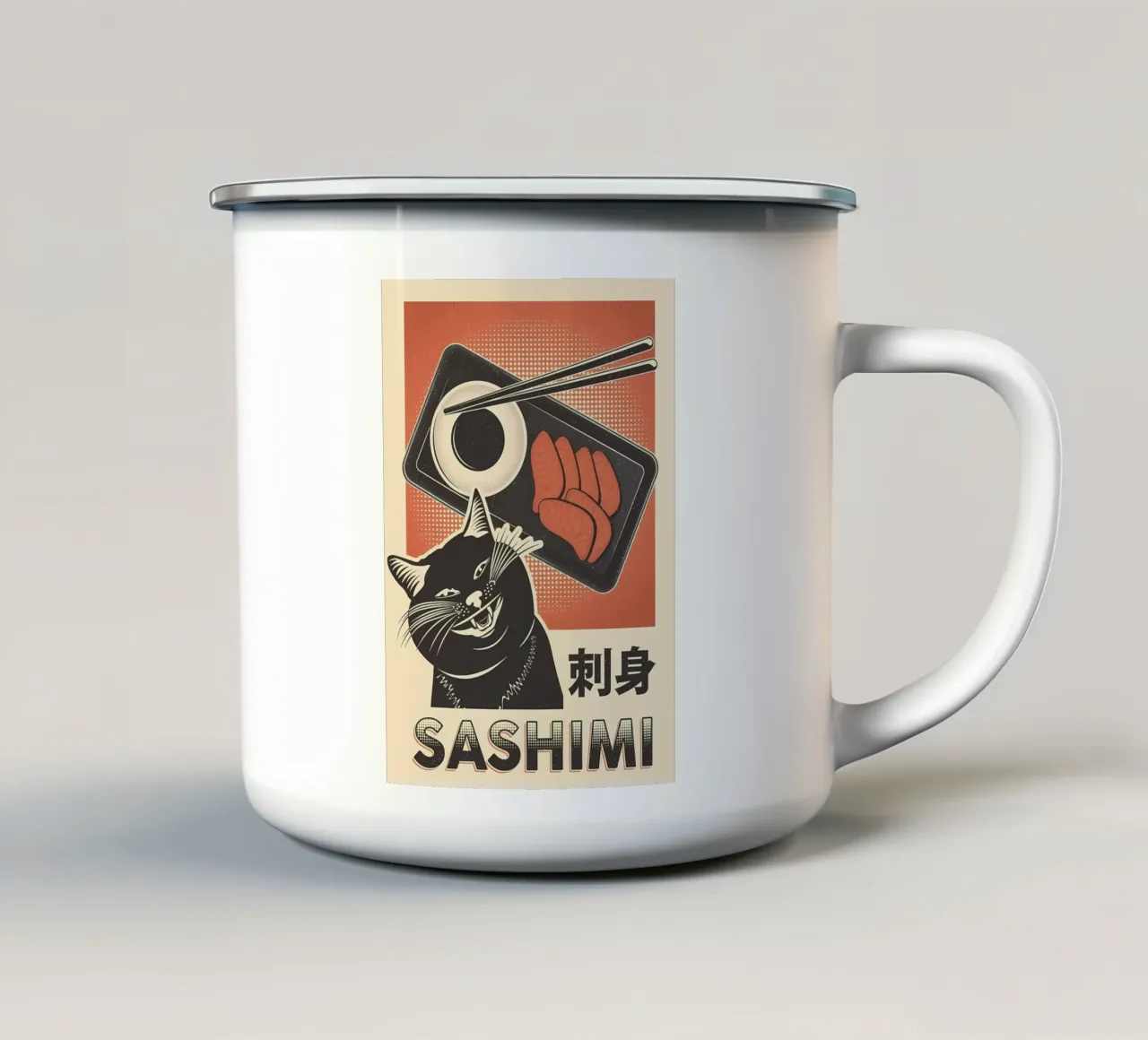 Sashimi Black Cat tazza in smalto da Monique A Hooper