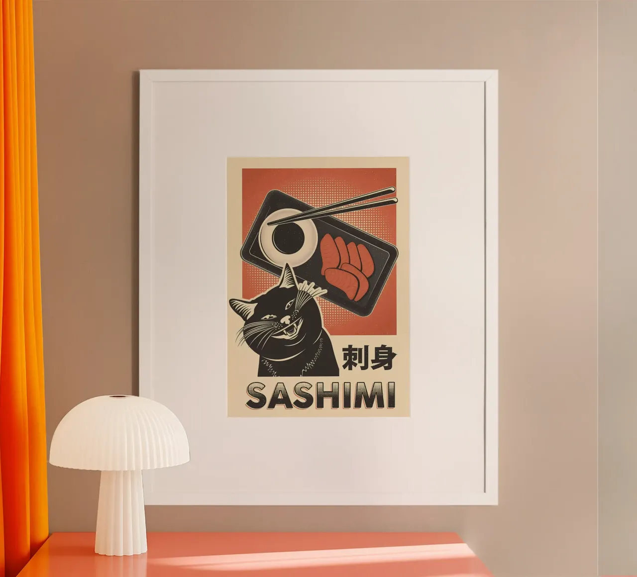 Sashimi Black Cat poster con telaio in legno da Monique A Hooper