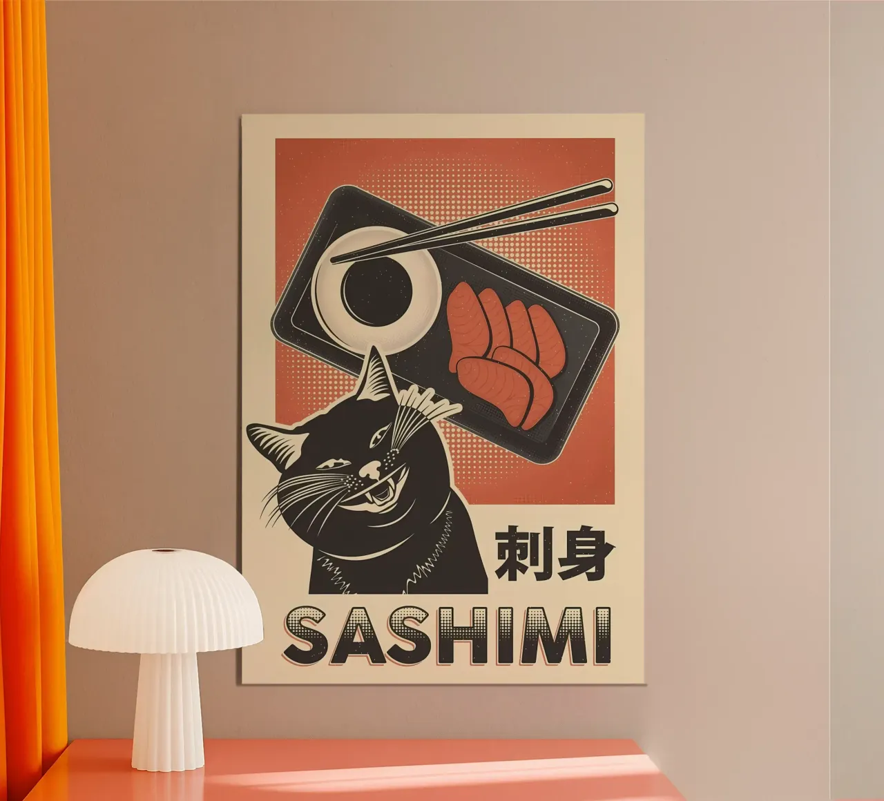 Sashimi Black Cat poster con telaio in legno da Monique A Hooper