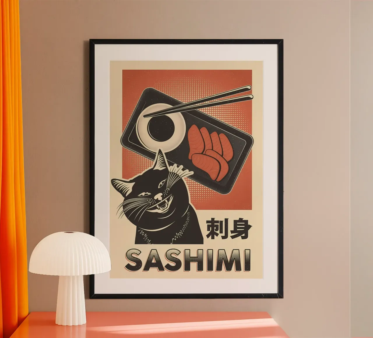 Sashimi Black Cat poster con telaio in legno da Monique A Hooper