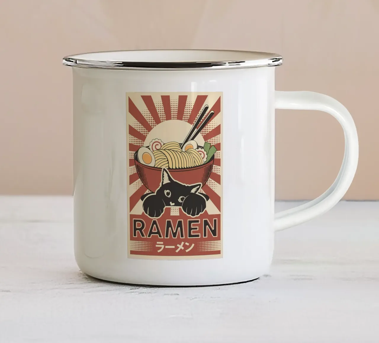 Gatto e ramen giapponese tazza in smalto da Monique A Hooper
