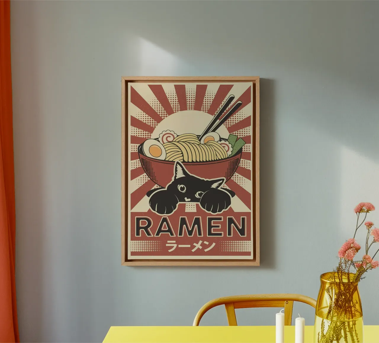 Gatto e ramen giapponese tela con Cornice a cassetta da Monique A Hooper