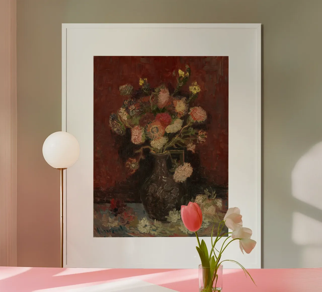 Vincent van Gogh - Vaso con fiori cinesi e gladioli poster con telaio in plastica da Timeless Artworks