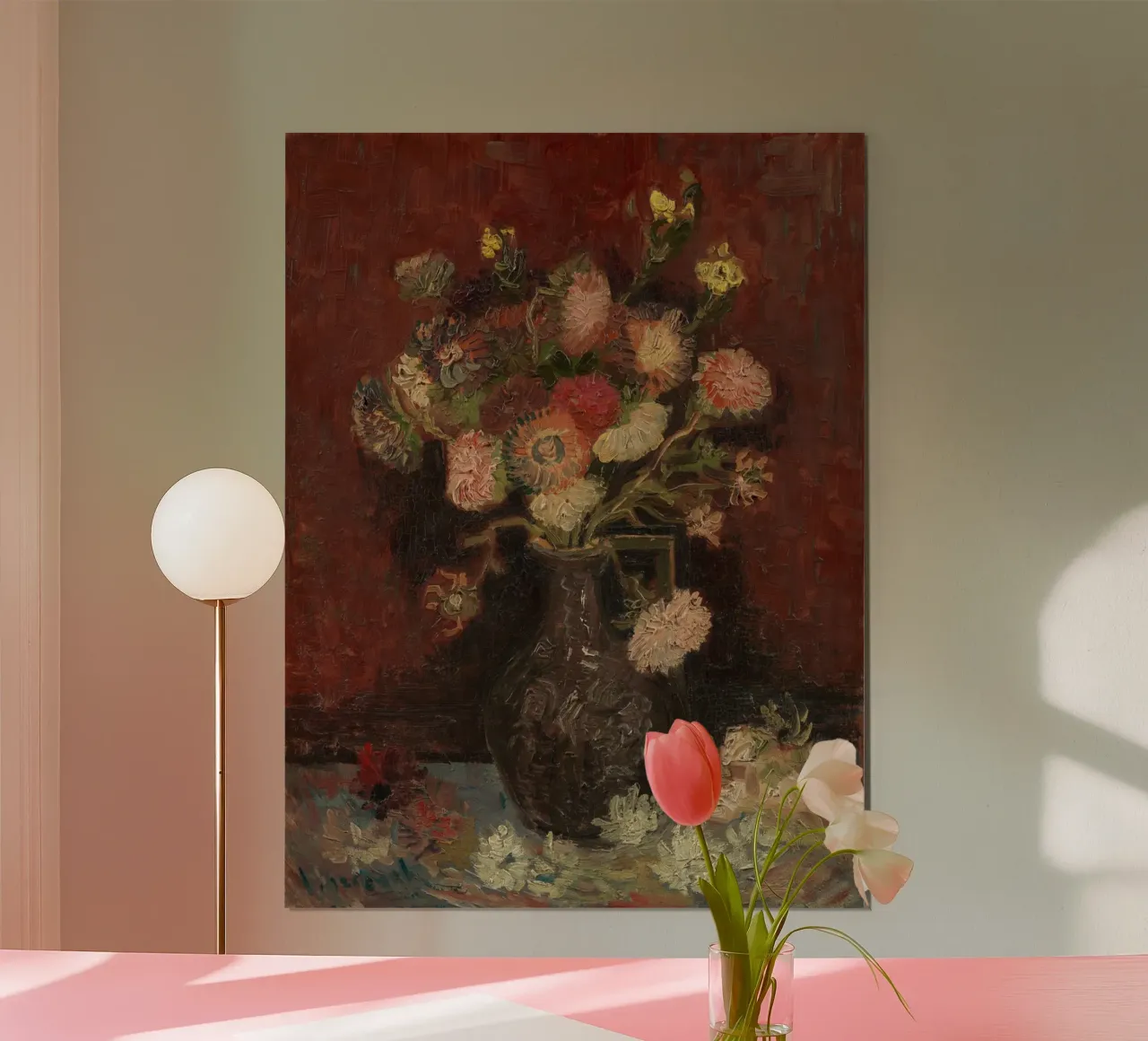 Vincent van Gogh - Vaso con fiori cinesi e gladioli poster con telaio in plastica da Timeless Artworks