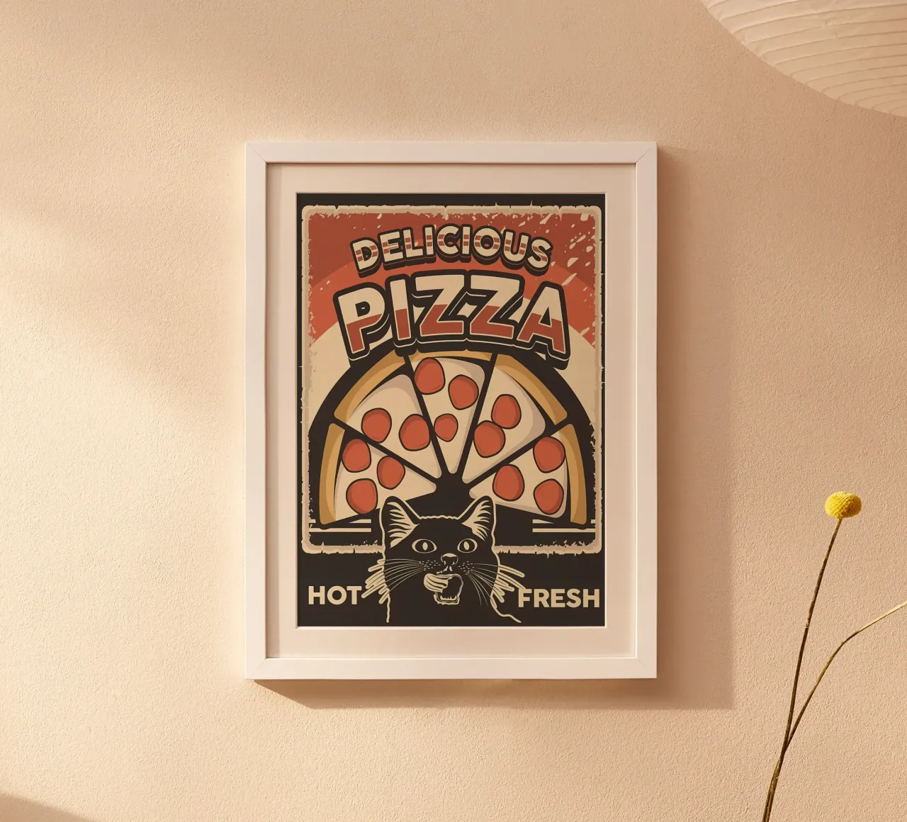 Pizza e gatto deliziosi poster con telaio in plastica da Monique A Hooper