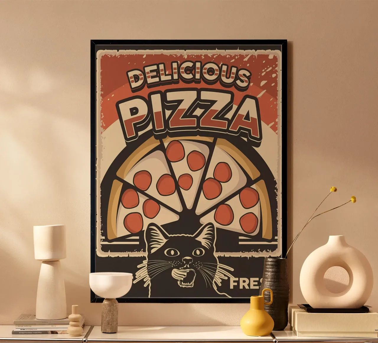 Pizza e gatto deliziosi poster con telaio in plastica da Monique A Hooper