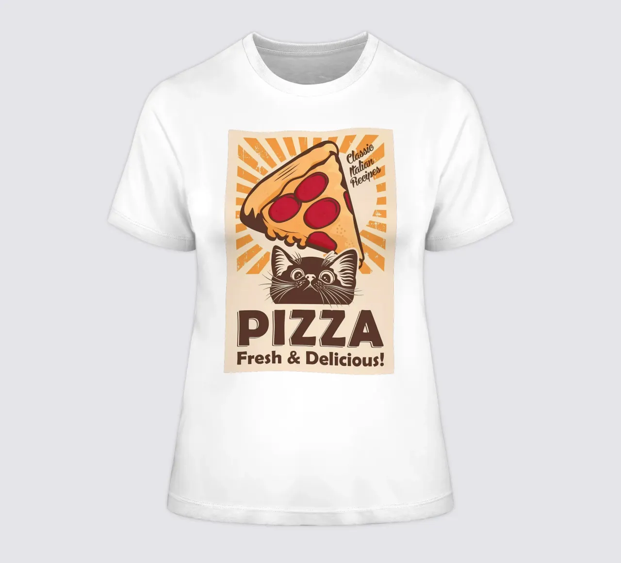 Chat noir et pizza t-shirt ajusté pour femmes de Monique A Hooper