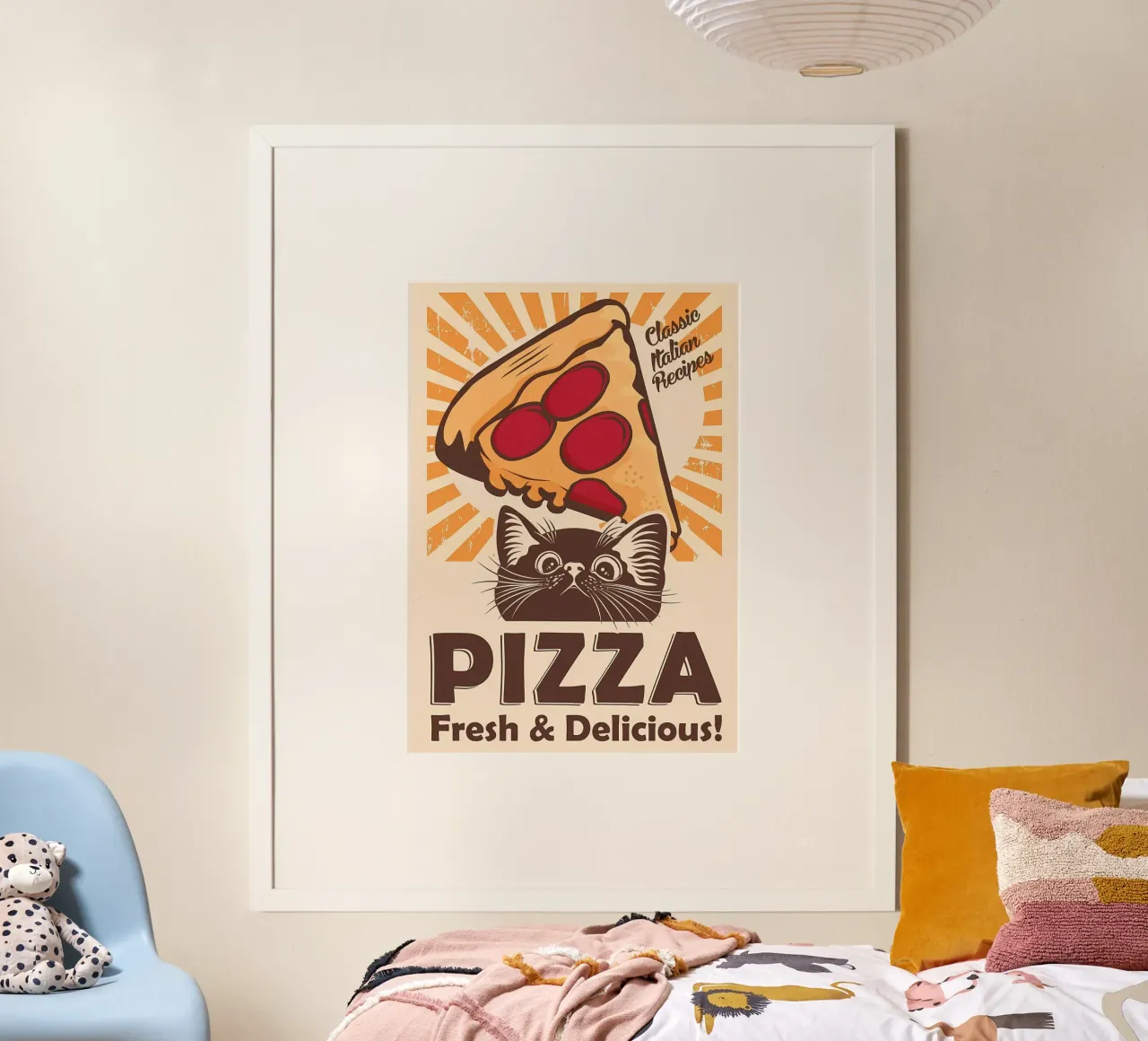 Gatto nero e pizza poster con telaio in alluminio da Monique A Hooper