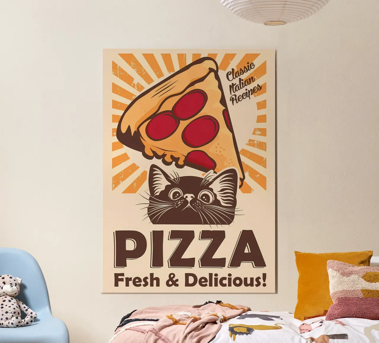 Gatto nero e pizza poster con telaio in alluminio da Monique A Hooper