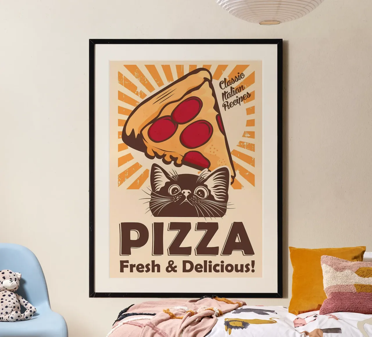 Gatto nero e pizza poster con telaio in alluminio da Monique A Hooper