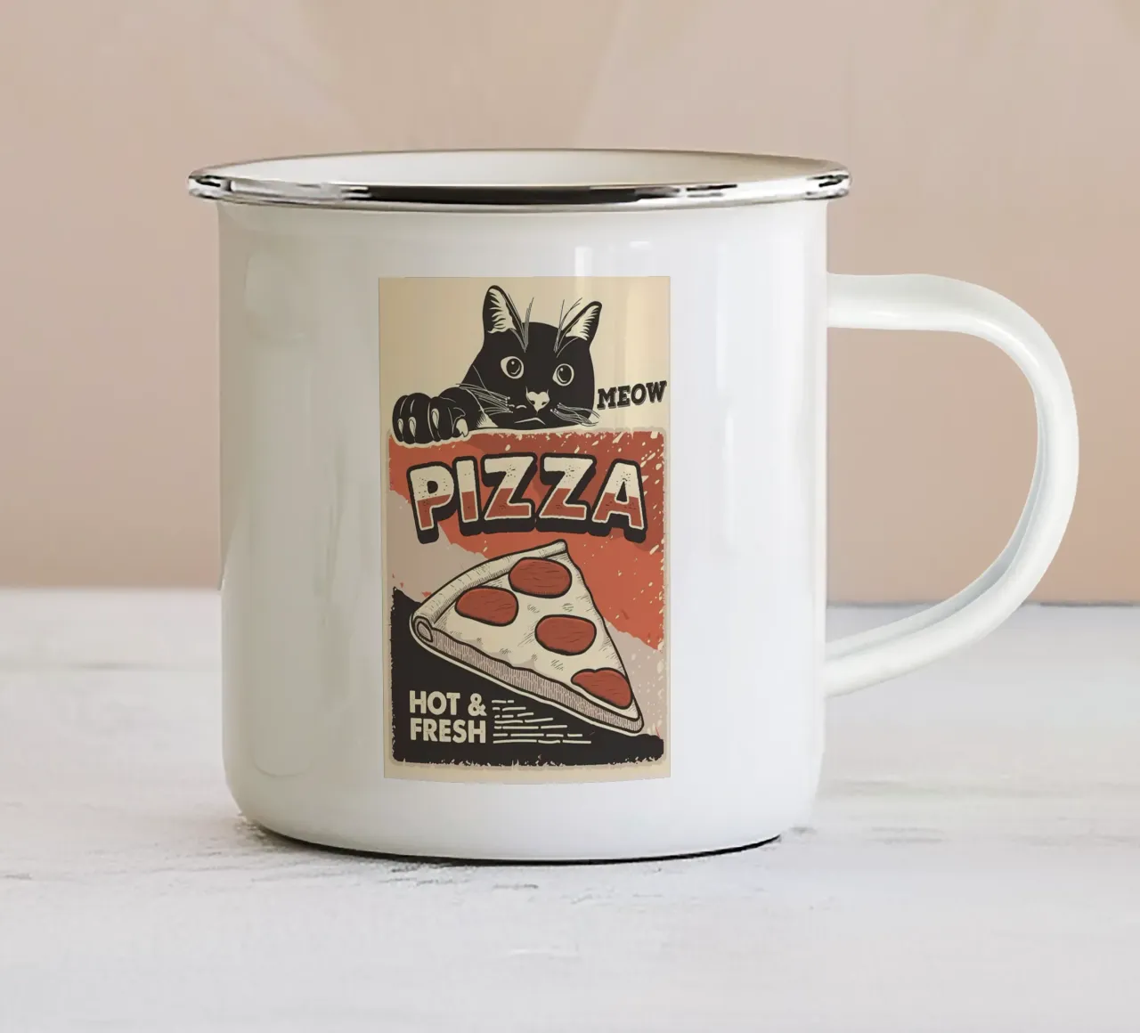 Meow Cat e la pizza tazza in smalto da Monique A Hooper