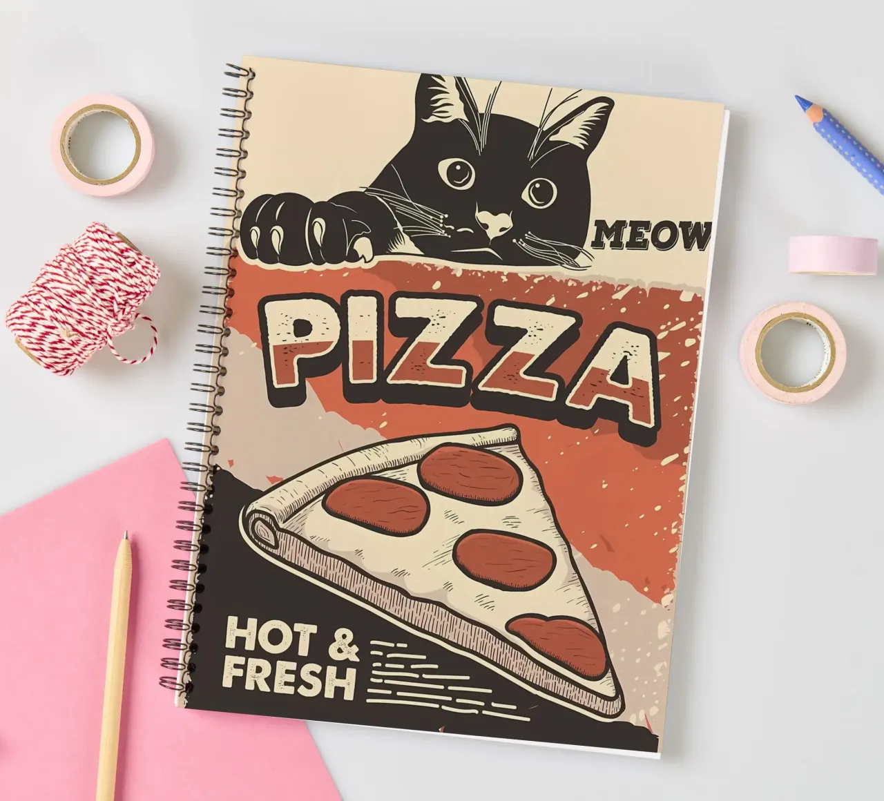Meow Cat and pizza spiral notebook by Monique A Hooper