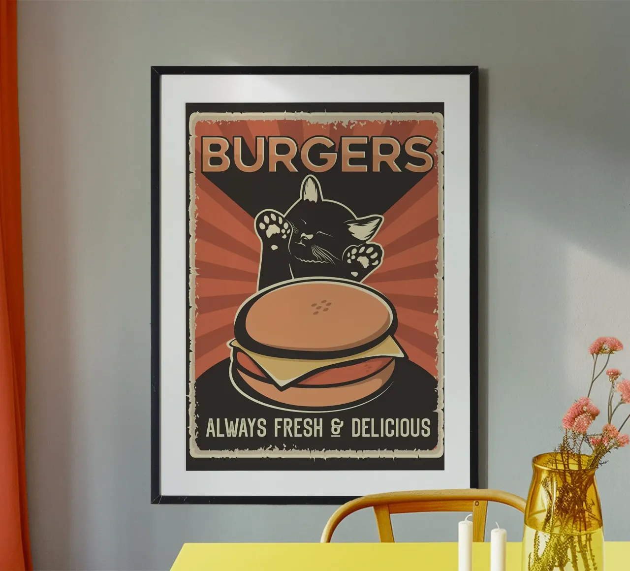 Il gatto vuole l'hamburger poster con telaio in legno da Monique A Hooper