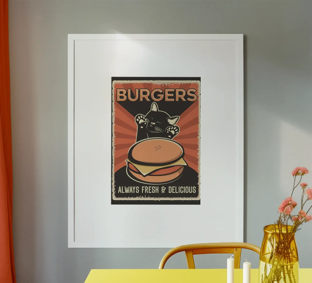 Il gatto vuole l'hamburger poster con telaio in legno da Monique A Hooper