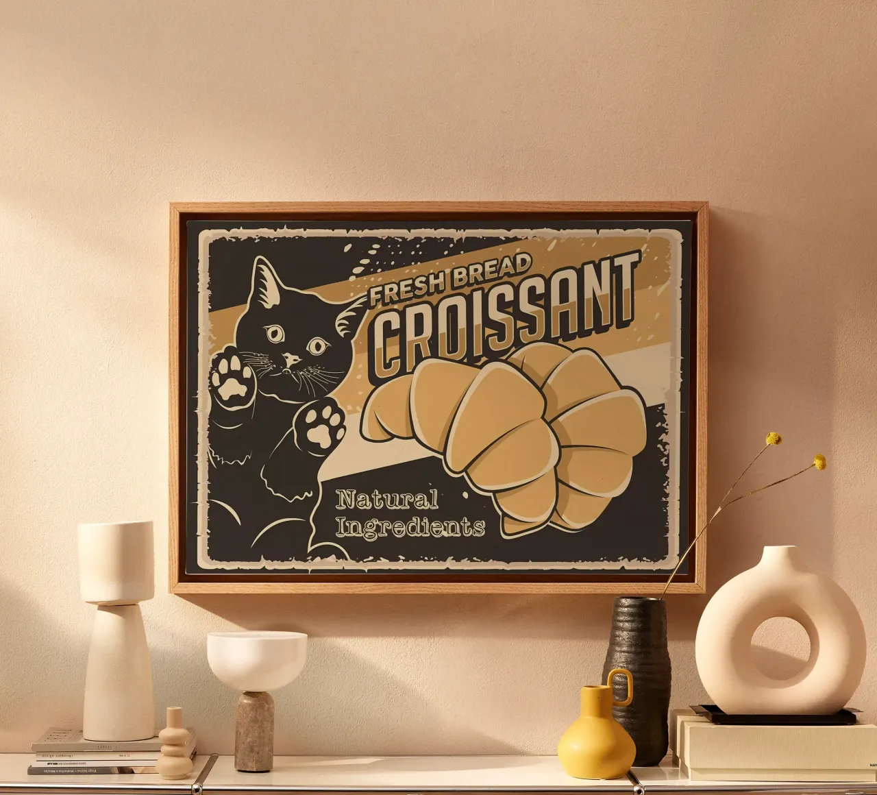 Croissant fresco e gatto tela con Cornice a cassetta da Monique A Hooper