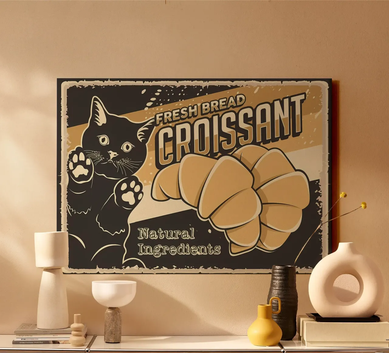 Croissant fresco e gatto tela con Cornice a cassetta da Monique A Hooper